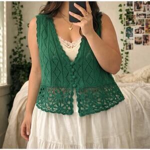Green Crochet Knit Vest Cottagecore Boho Button Front XL Floral